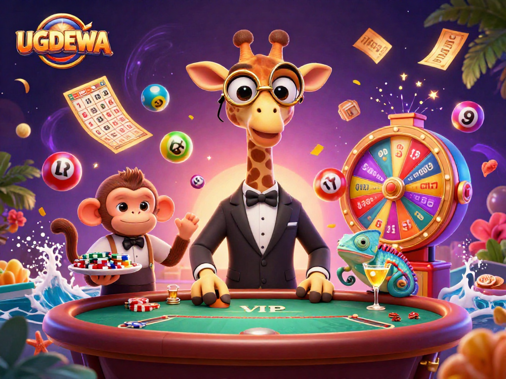 Experience winning at UGDEWA with vibrant lottery and casino elements in a lively 3D illustration.