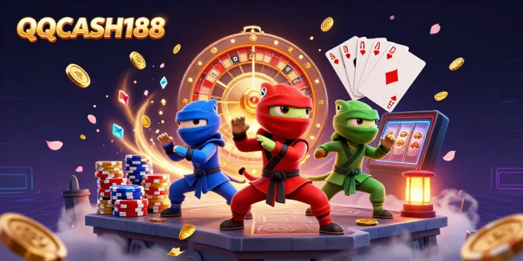 Experience the thrill of QQCASH188 with a ninja chameleon team amidst casino elements in vibrant 3D.