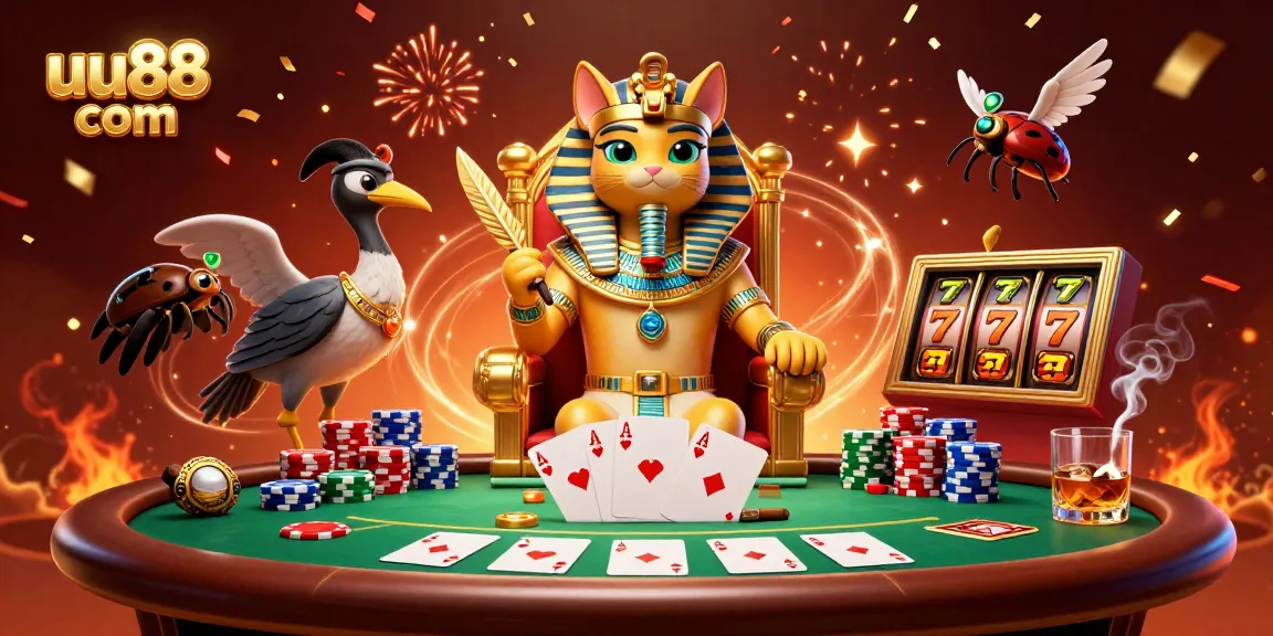 Bet with confidence at uu88 com in an exciting casino scene featuring a cartoon pharaoh cat and poker elements.