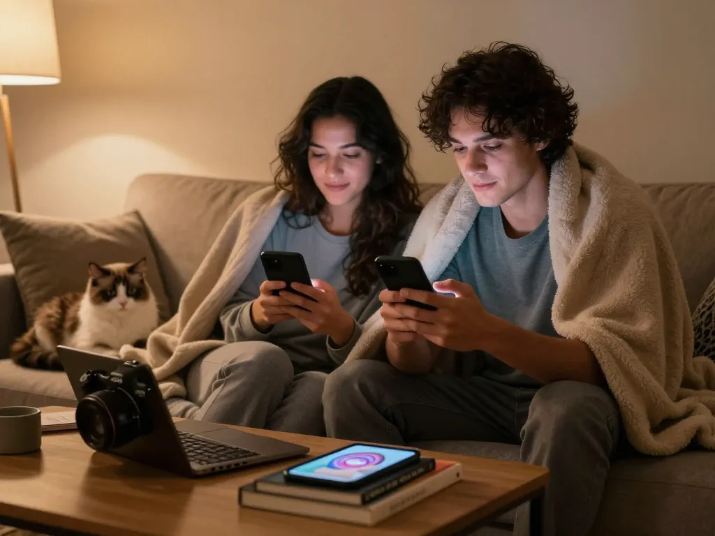 Couple enjoying ai sexting while cozying up at home.
