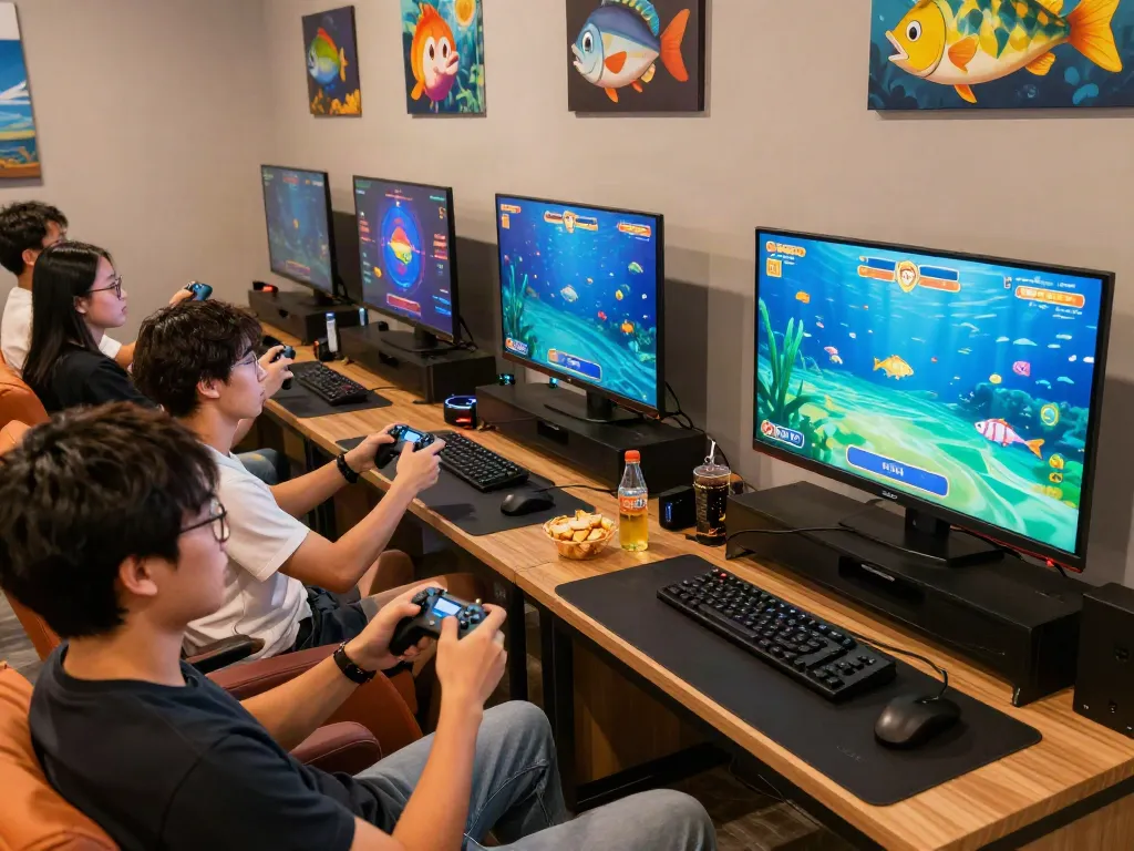 Friends enjoying a thrilling game of lại là Bắn cá đổi thưởng in a lively gaming lounge.
