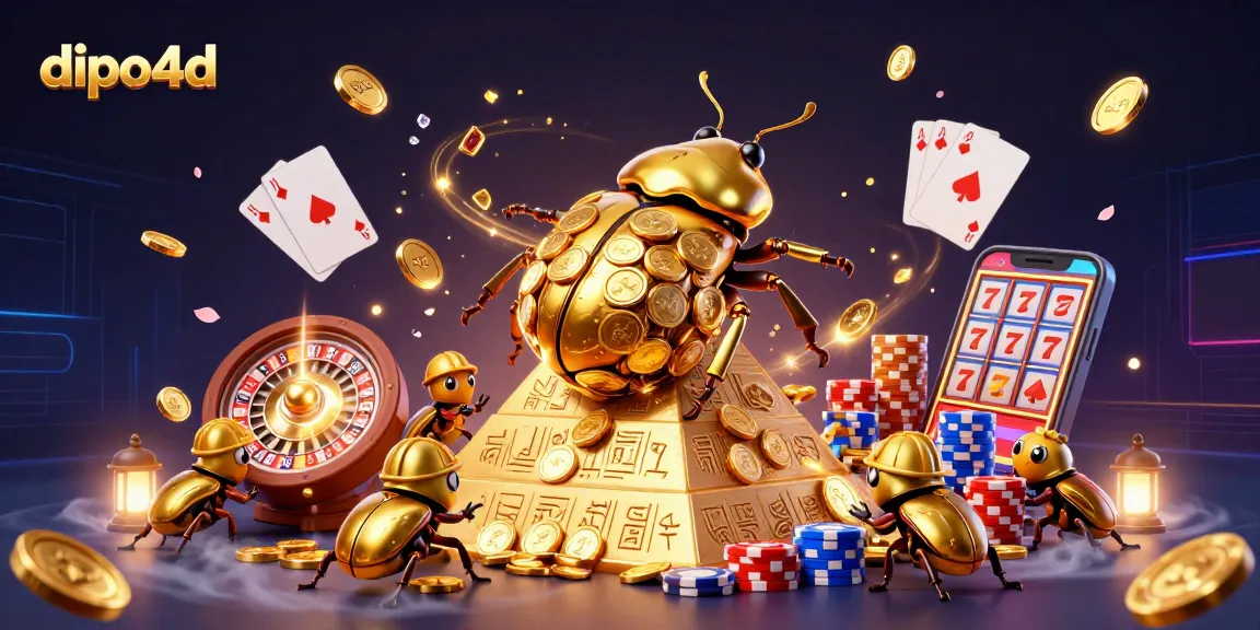Join the excitement of dipo4d with golden coins cascading and beetles assisting in the casino adventure.