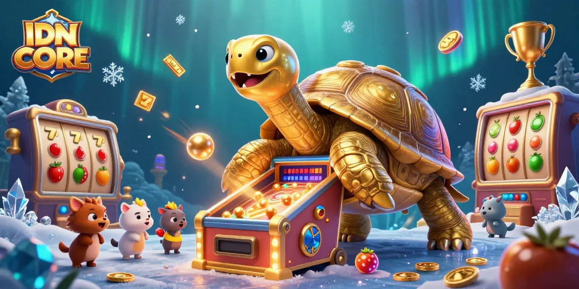 Join the excitement at IDNSCORE with the colossal tortoise pinball machine and vibrant slot elements.