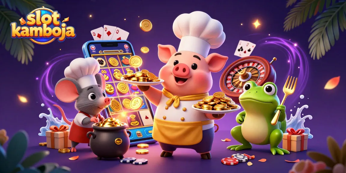 Putaran slot Kamboja menampilkan chef kartun, koin emas, dan elemen kasino yang penuh warna.