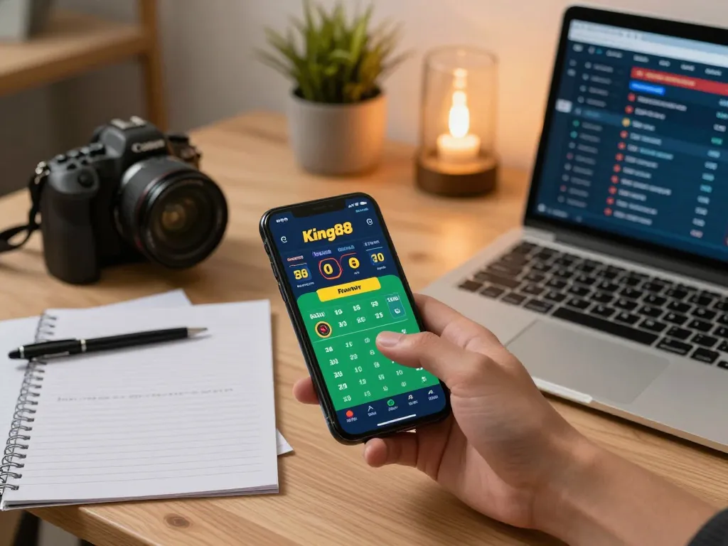 Engaged user placing a bet on King88 sports betting app on smartphone in stylish home office setting.