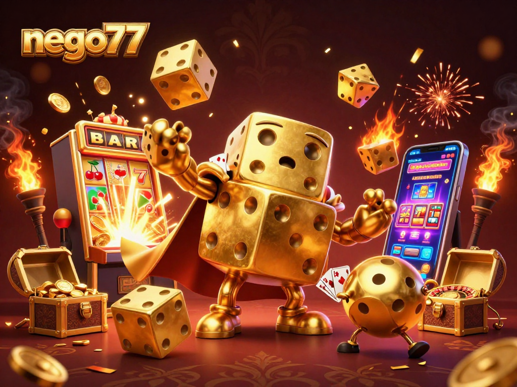 Engage with nego77's thrilling mix parlay experience through a vibrant 3D illustration of golden dice and jackpot excitement.