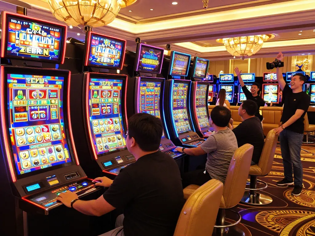 Players enjoying vivid Zeus slot games at an upscale casino, engaging in thrilling gameplay.