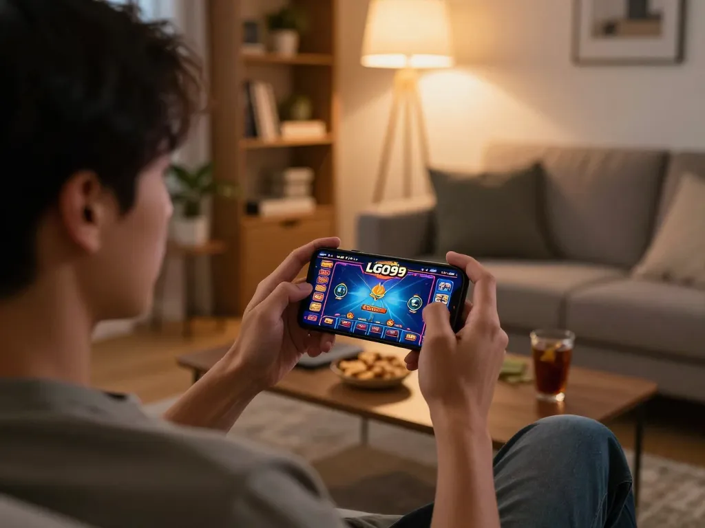 Pemain LGO99 menikmati permainan kasino mobile di setup rumah yang nyaman dengan camilan dan minuman.
