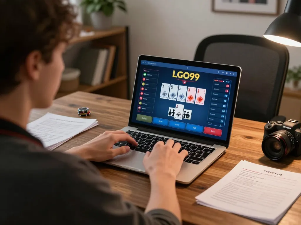 LGO99 player engaging in a focused poker game at home, embodying excitement and strategy for online gambling.