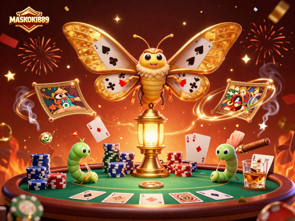 Engage in winning strategies at MASKOKI889 with luxurious casino elements and vibrant imagery.