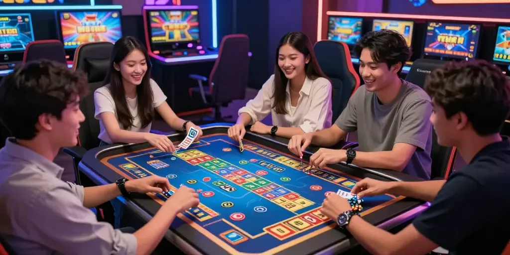 Players immersed in Bandar Togel online gaming experience, showcasing colorful lottery numbers and modern casino atmosphere.