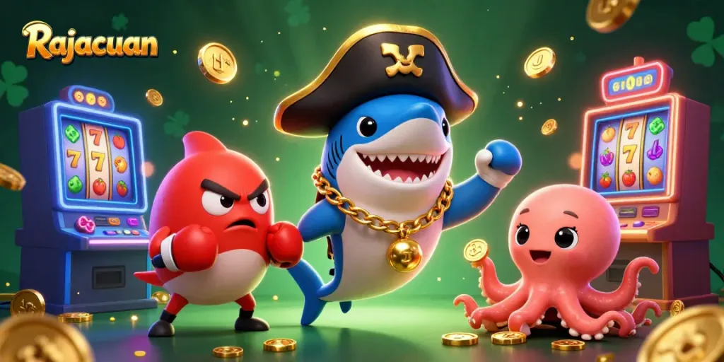 Spin the reels with Rajacuan's vibrant slots featuring a pirate shark, pufferfish, and octopus baby.