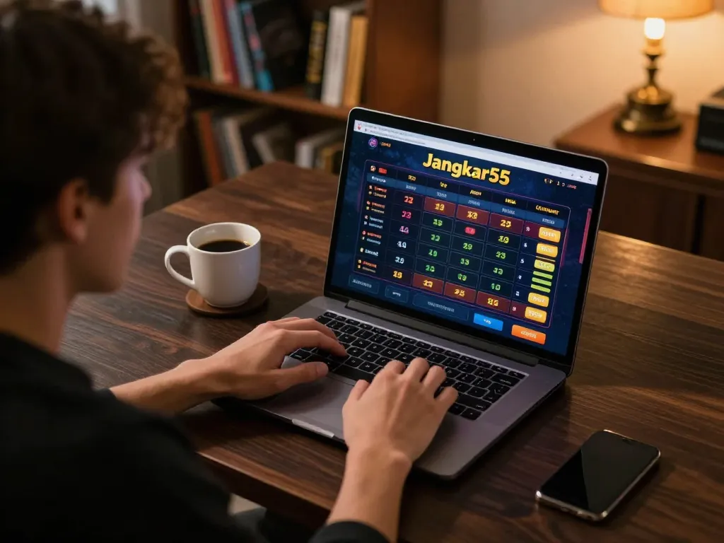 Player engaging with jangkar55 online casino on laptop, showcasing winning stats and a cozy home setup