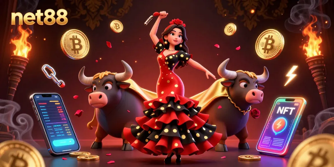 Engage in thrilling gambling adventures at net88 with vibrant characters and glowing crypto elements.