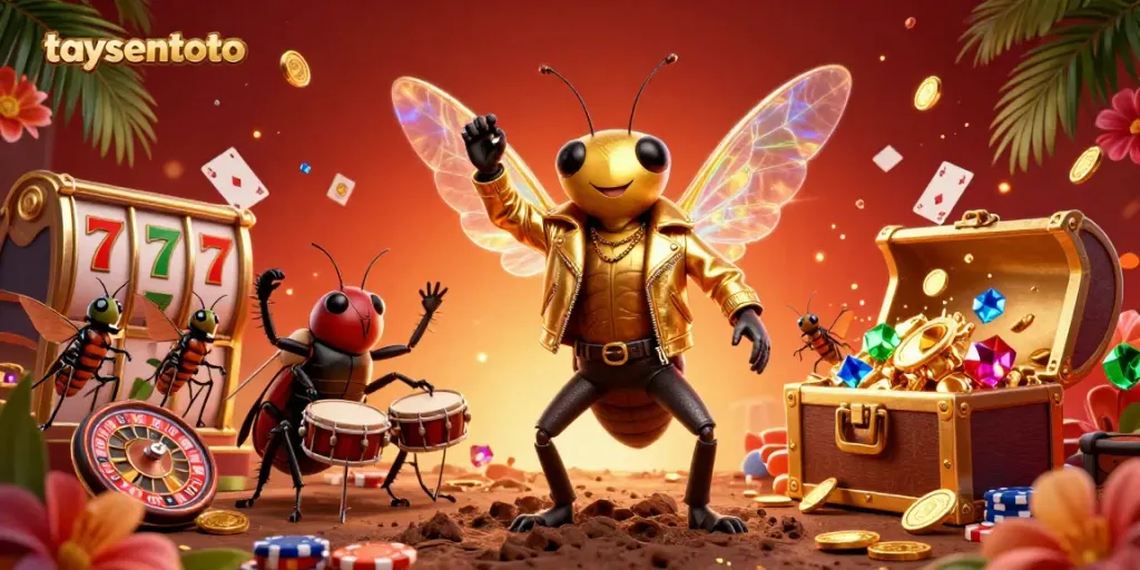 Gambarkan aksi seru TAYSENTOTO dengan cicada rock star dan elemen kasino dalam ilustrasi.