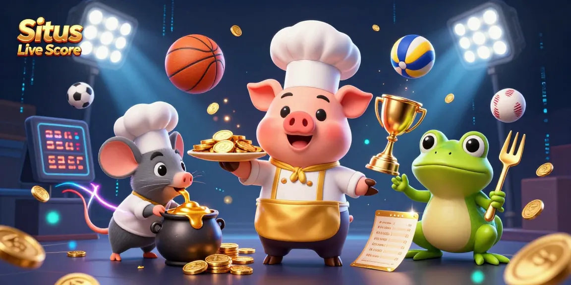 Situs Live Score showcases an exciting 3D scene of a chef pig and sous-chef mouse in a dynamic sports betting setting.