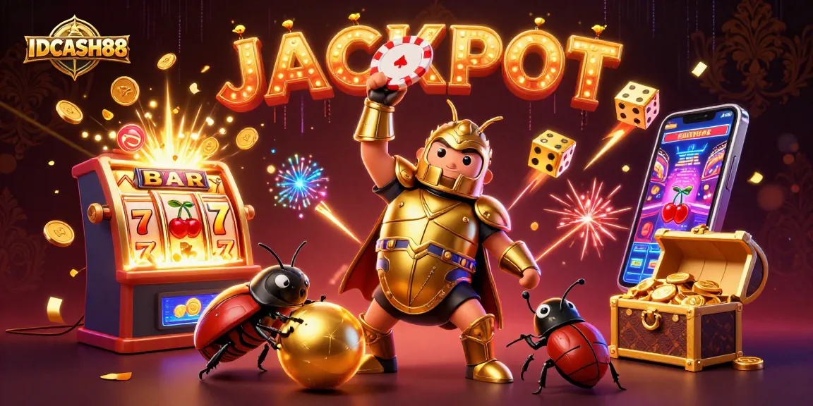 Experience the excitement of IDCASH88 with a hercules beetle celebrating a jackpot in a vibrant casino scene.