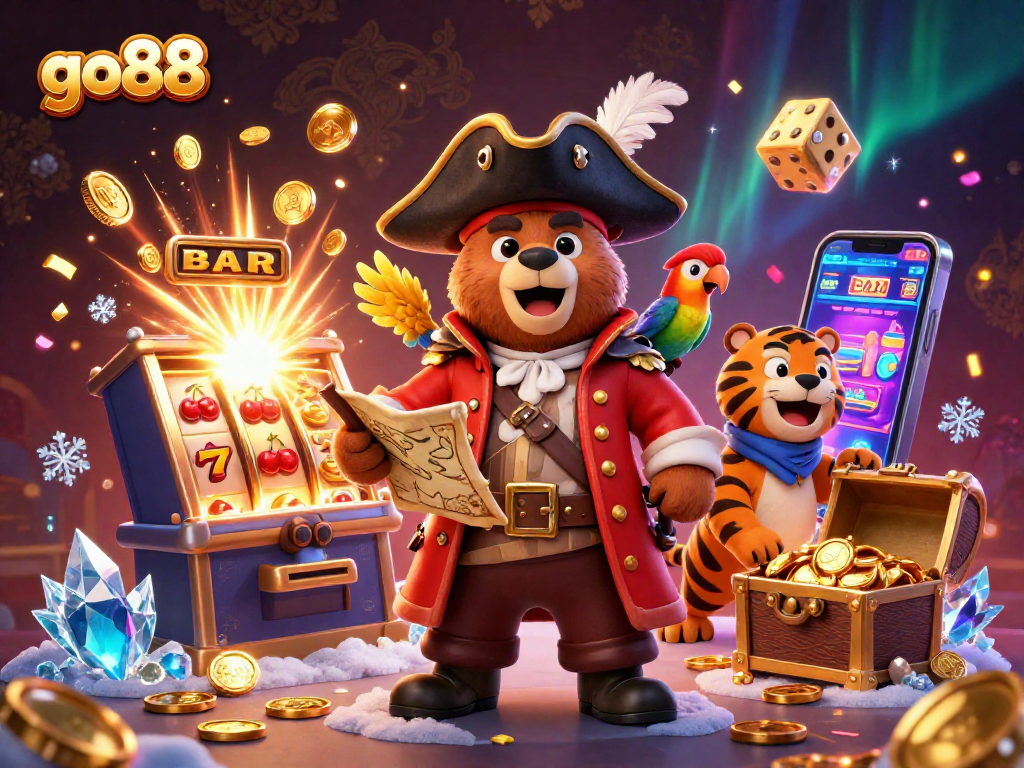 Play exciting games at go88 with a pirate captain bear discovering treasures in a vibrant casino scene.