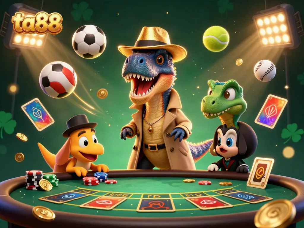 ta88 engaging 3D cartoon velociraptor card counter at a blackjack table amidst dynamic sports elements and gold
