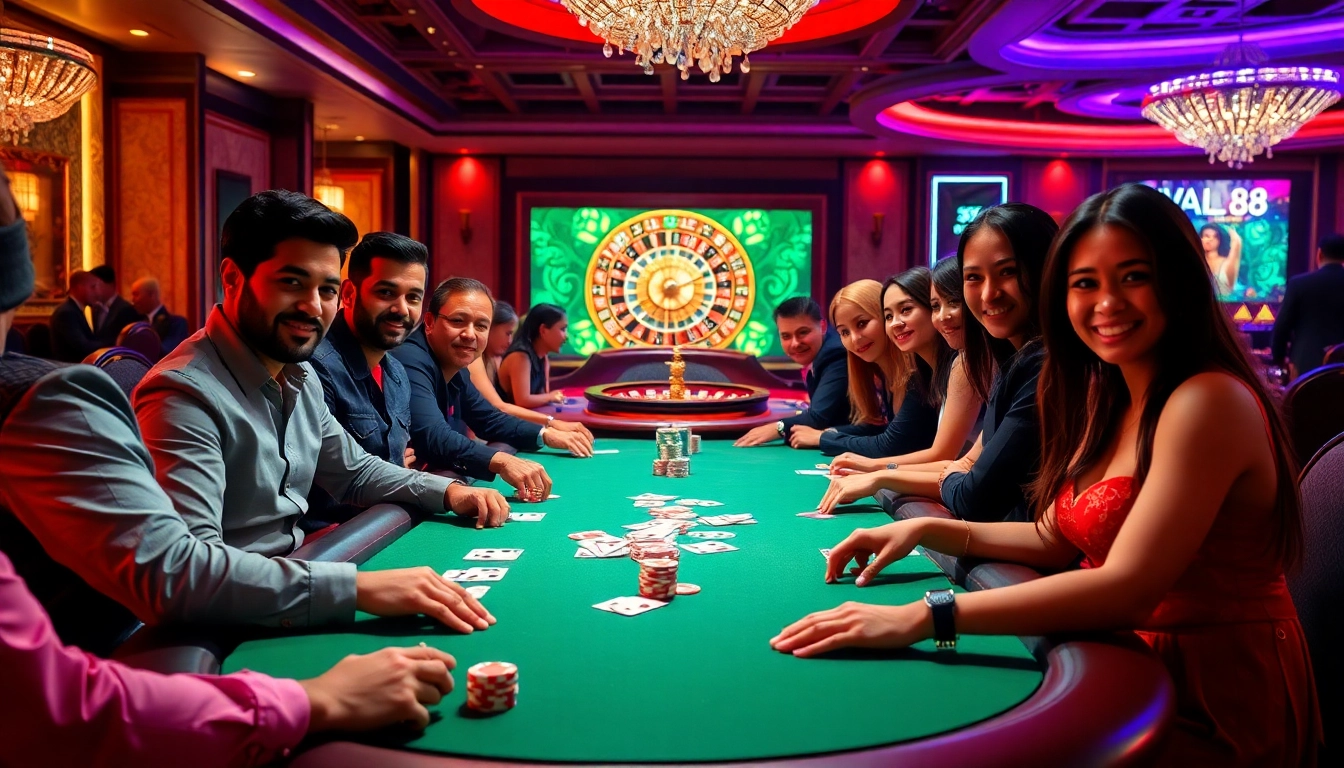 Players enjoy an exciting poker game at WALA88 casino, showcasing vibrant atmosphere and luxury.