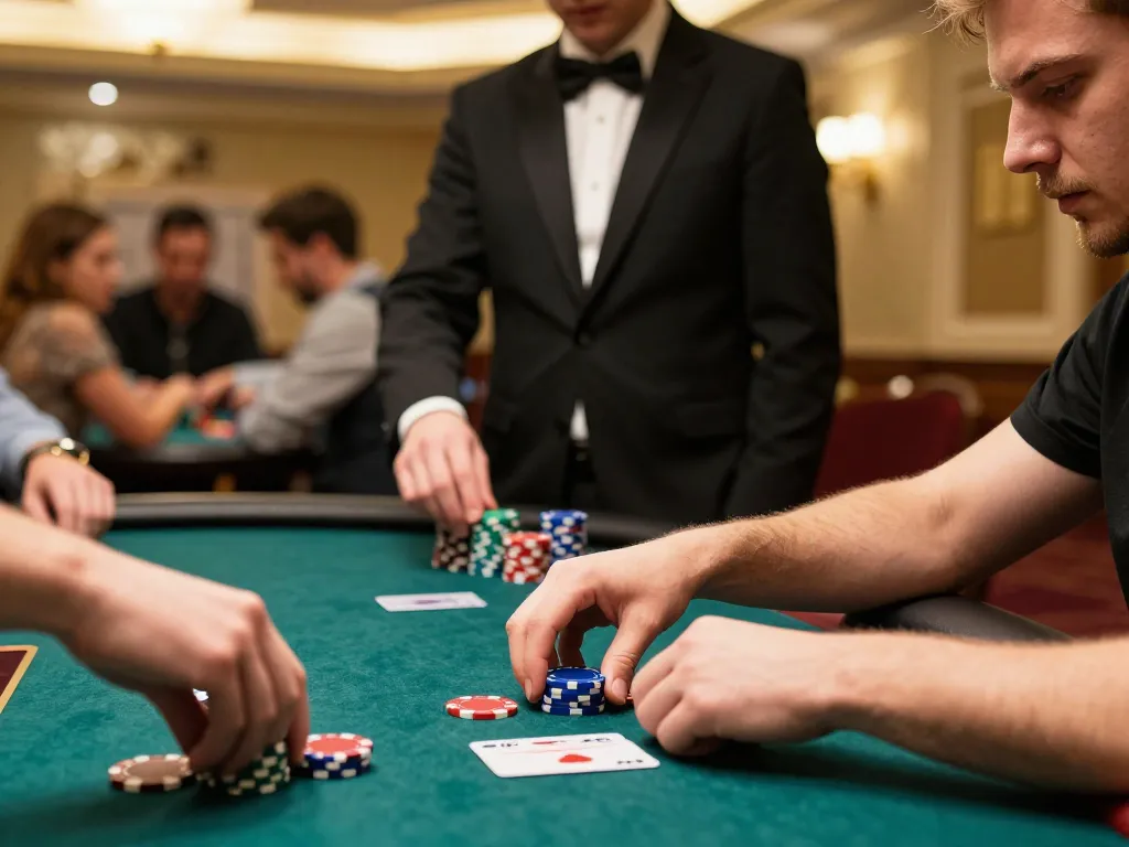 VA88 player placing chips in a poker game, showcasing a strategic move in a luxurious casino setting.