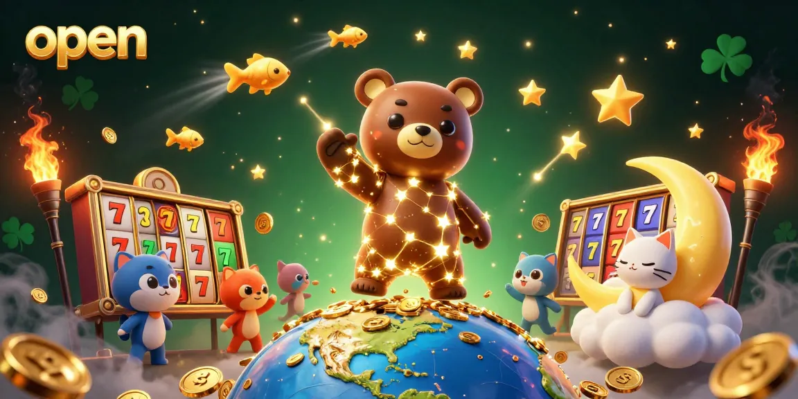 Spin open slots and win big with our colorful 3D illustration featuring coins and characters.