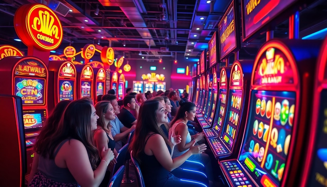 Experience the thrill of wonplay898 with vibrant slot machines and excited players in a dynamic gaming scene.