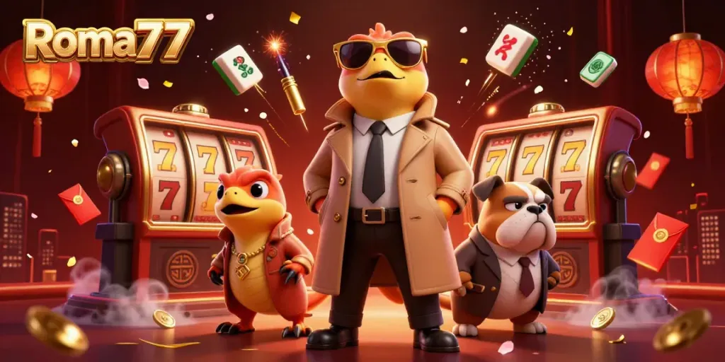 Experience thrilling gameplay at Roma77 with slot reels and vibrant casino elements surrounding 3D characters.