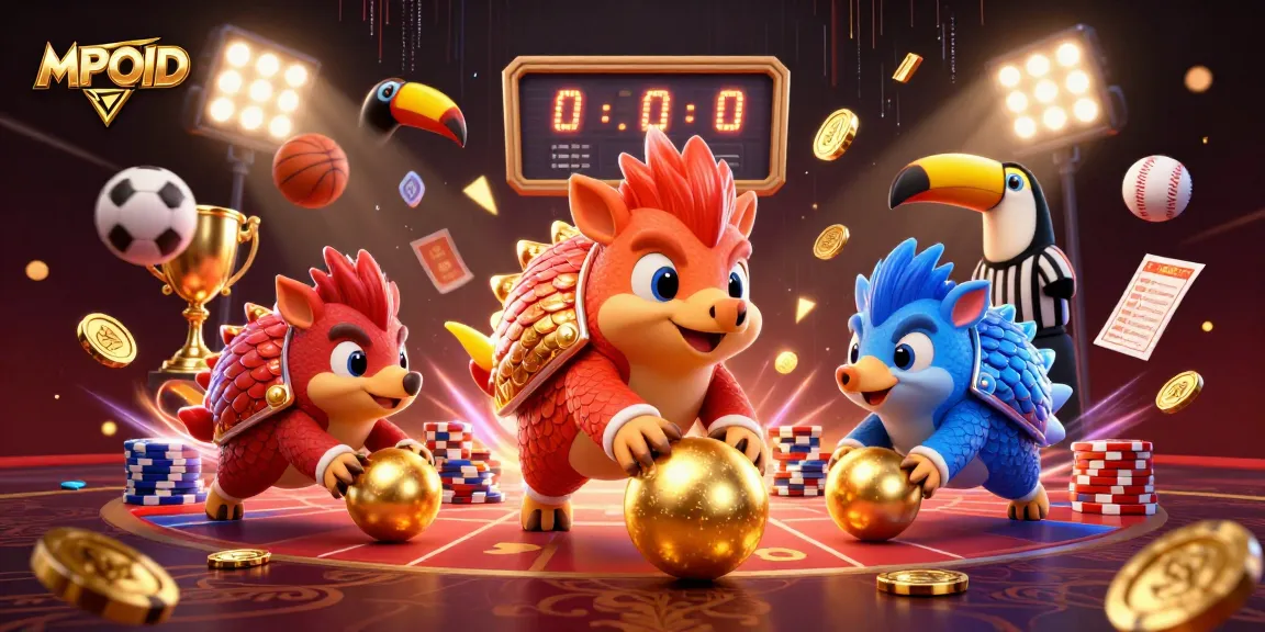 MPOID pangolins compete in a dynamic online casino environment with poker chips and sports elements.