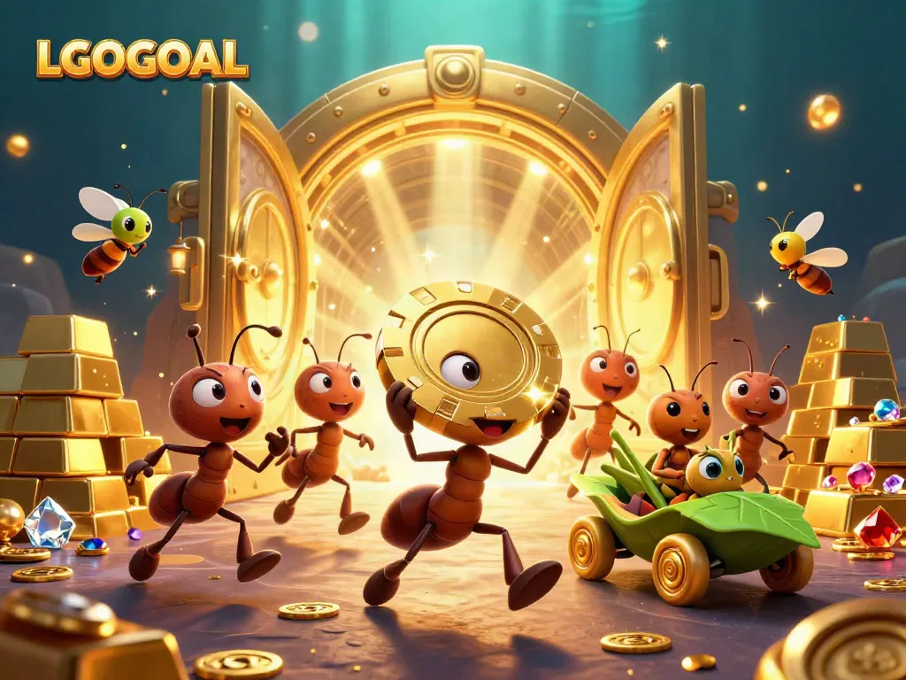 Ants heist with a giant poker chip in a lively casino scene on LGOGOAL platform.