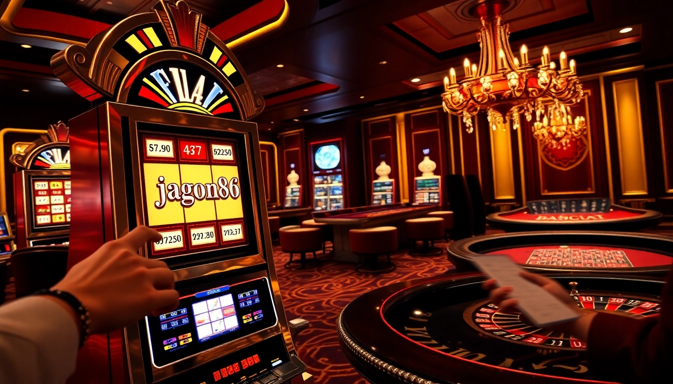 Gamblers enjoy slots at jagoan86 casino amid an exciting atmosphere filled with poker chips and roulette tables.