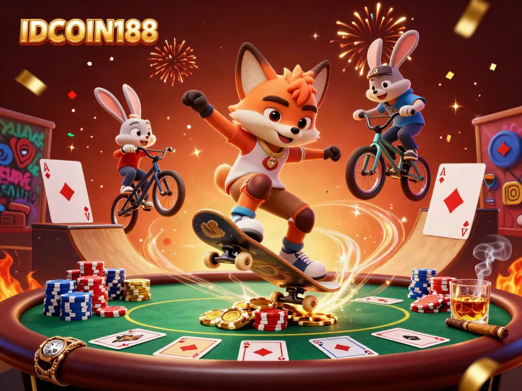 Engage in the excitement of IDCOIN188 with a vibrant casino scene showcasing dynamic characters and rich gaming elements.