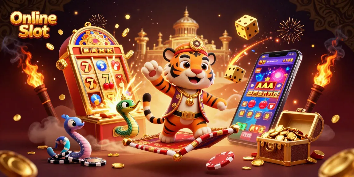 Experience the thrill of Online Slot with a vibrant 3D illustration of a sultan, magic lamp, and jackpot excitement.