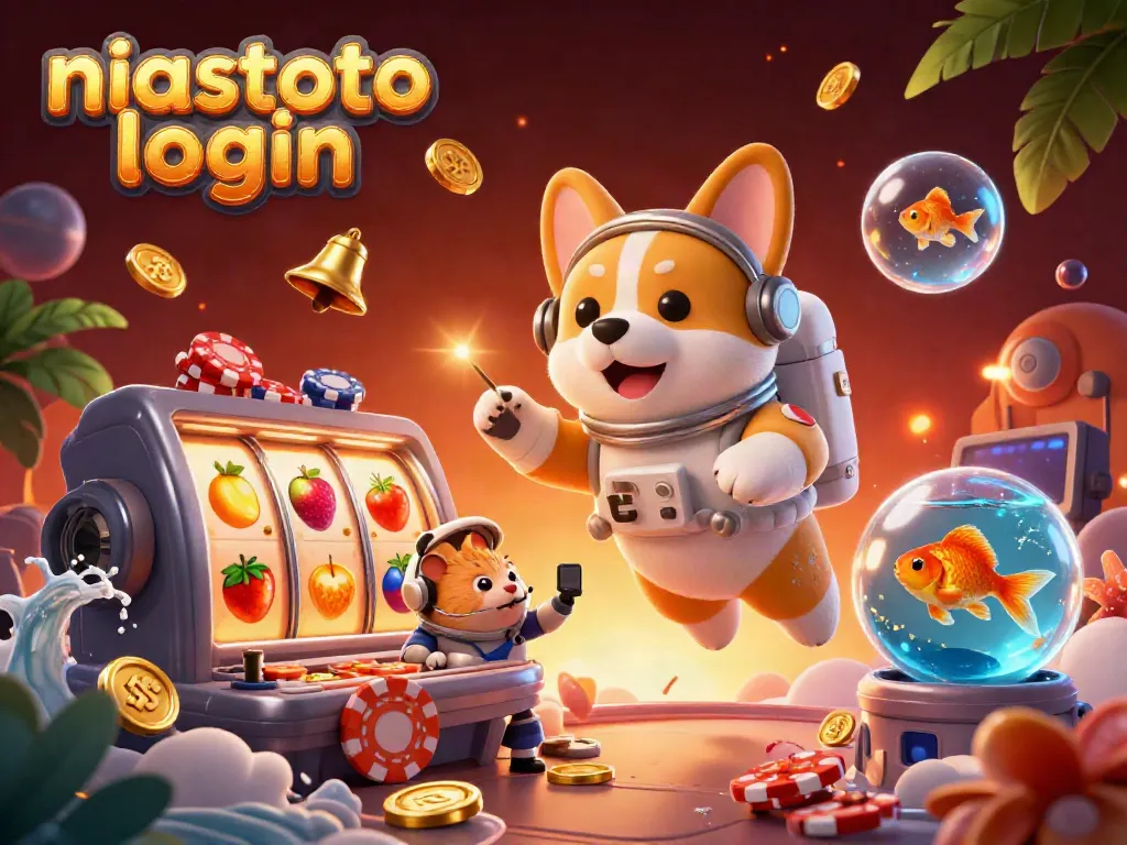 Melihat keseruan kasino luar angkasa dalam gambar niastoto login, keripik poker dan koin emas melayang.