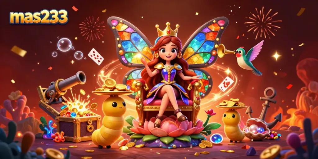 ilustrasi kasino yang menggembirakan mas233, ratu kupu-kupu 3D di takhta bunga dengan elemen permainan