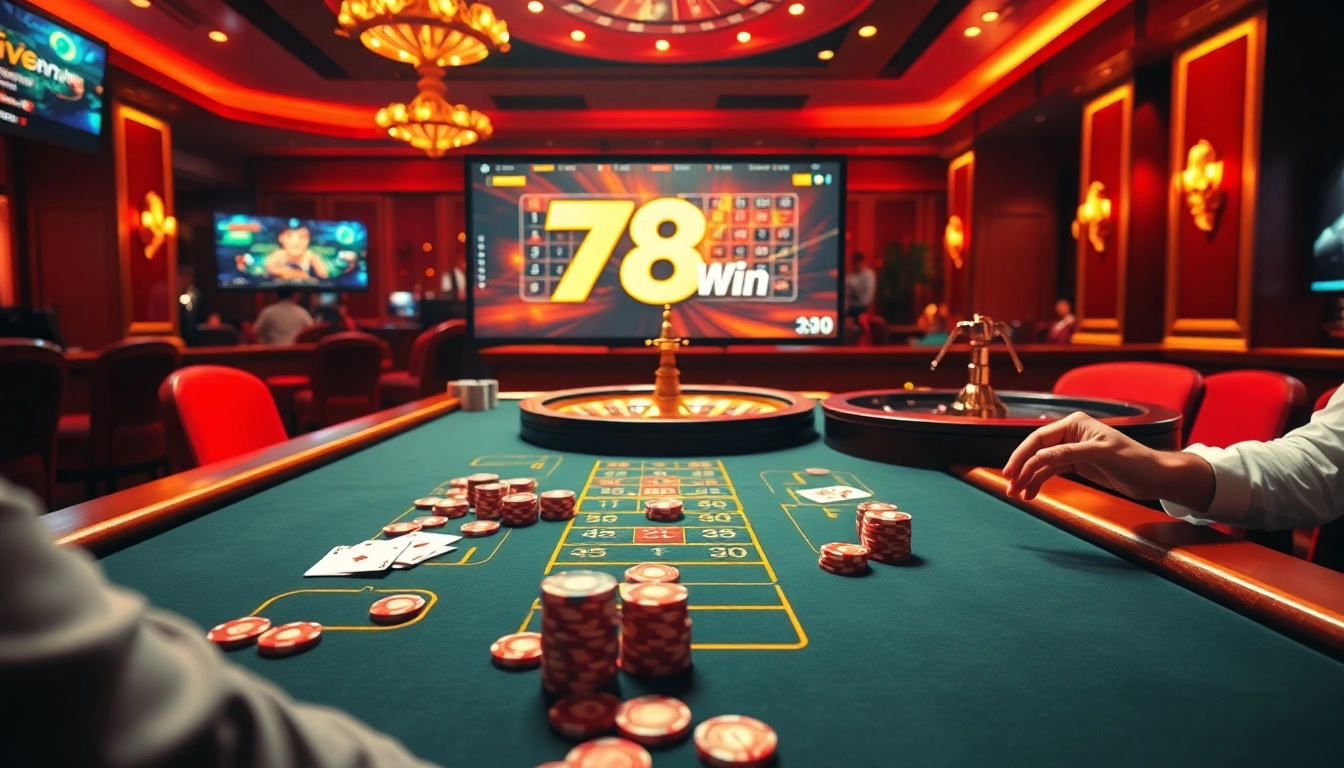 Exciting scene at 78Win casino with players at a poker table and spinning roulette wheel.