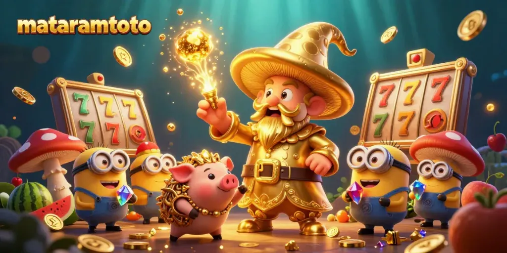 Engage with Mataramtoto's vibrant 3D slot gaming scene featuring a magical mushroom wizard, treasure pig, and fruits.