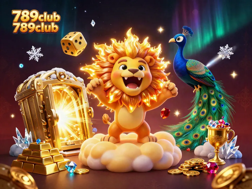 Join the excitement of 789club 789club with a vibrant 3D illustration of a roaring lion amidst golden treasures.