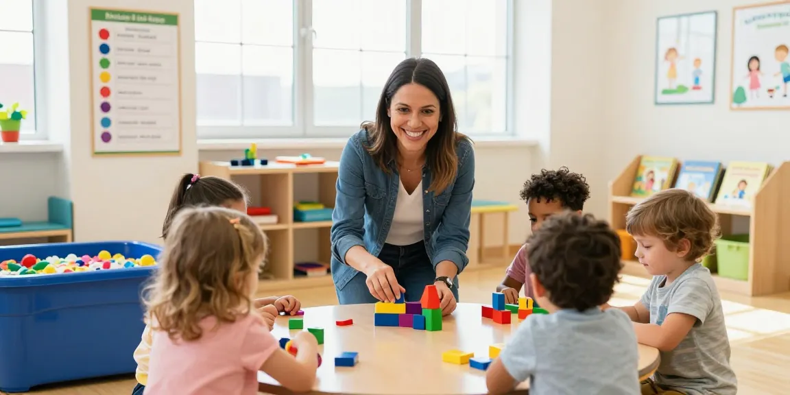 Engaging play-based learning with toddlers using link slot building blocks in a bright classroom.