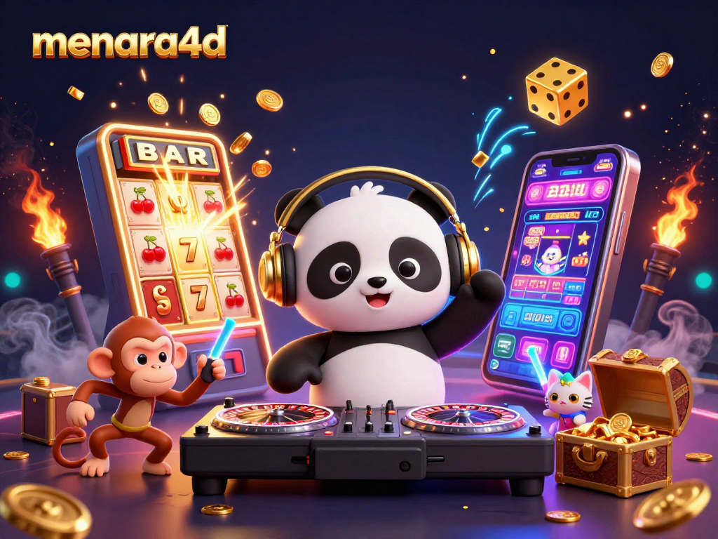 Menara4D menghibur dengan DJ panda dan mesin slot berkilau yang mengeluarkan koin emas.