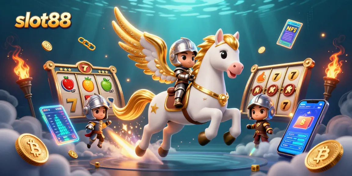 Engage with slot88's dynamic games featuring vivid 3D illustration of a celestial horse and knight amidst casino themes.