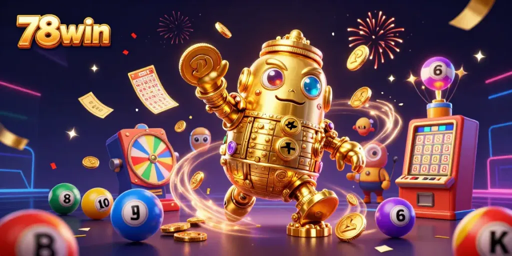 Engage with the vibrant 78win casino experience featuring a golden golem and colorful lottery elements.