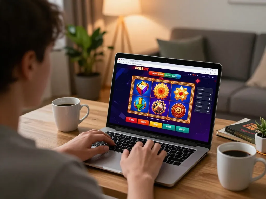 Player enjoying slot games on OKESLOT from home, emphasizing online gaming experience.