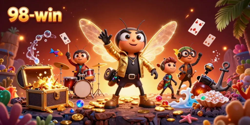 Experience the thrill of 98-win through a vibrant casino scene with animated characters and gaming elements.