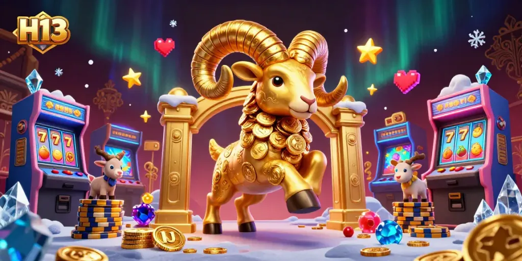 Spin slot reels and win with the lively H13 golden ram charging through a vibrant casino.