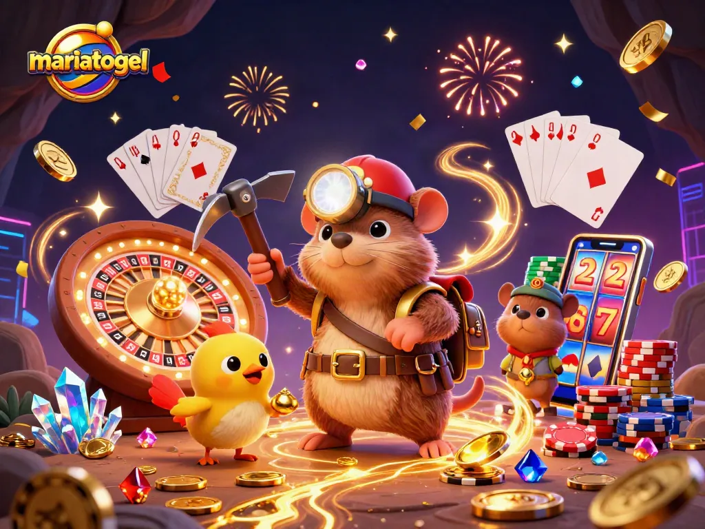Experience excitement with mariatogel as treasure hunter mole uncovers gems among cascading coins and lively casino elements.