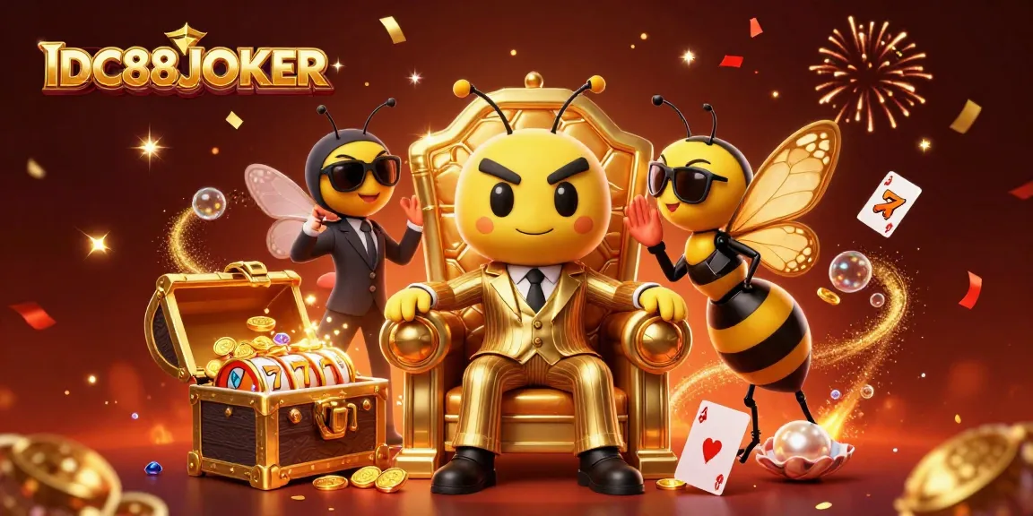 Win big with IDC88JOKER in a vibrant casino-themed 3D illustration featuring unique gaming elements.