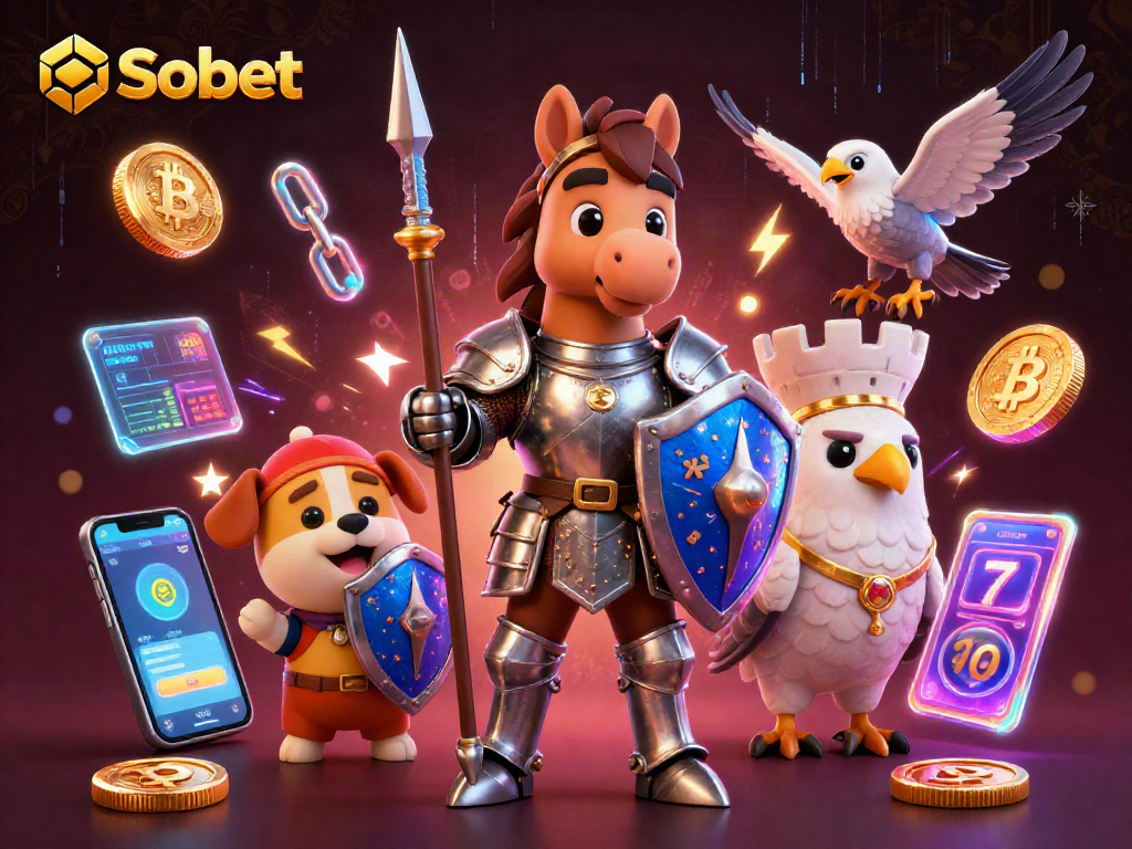 Sbobet slots come to life with 3D medieval knight, squire puppy, and falcon in an immersive gaming scene.