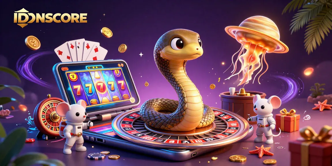 Place bets on IDNSCORE's cosmic roulette featuring a Saturn ring snake and astronaut mice!
