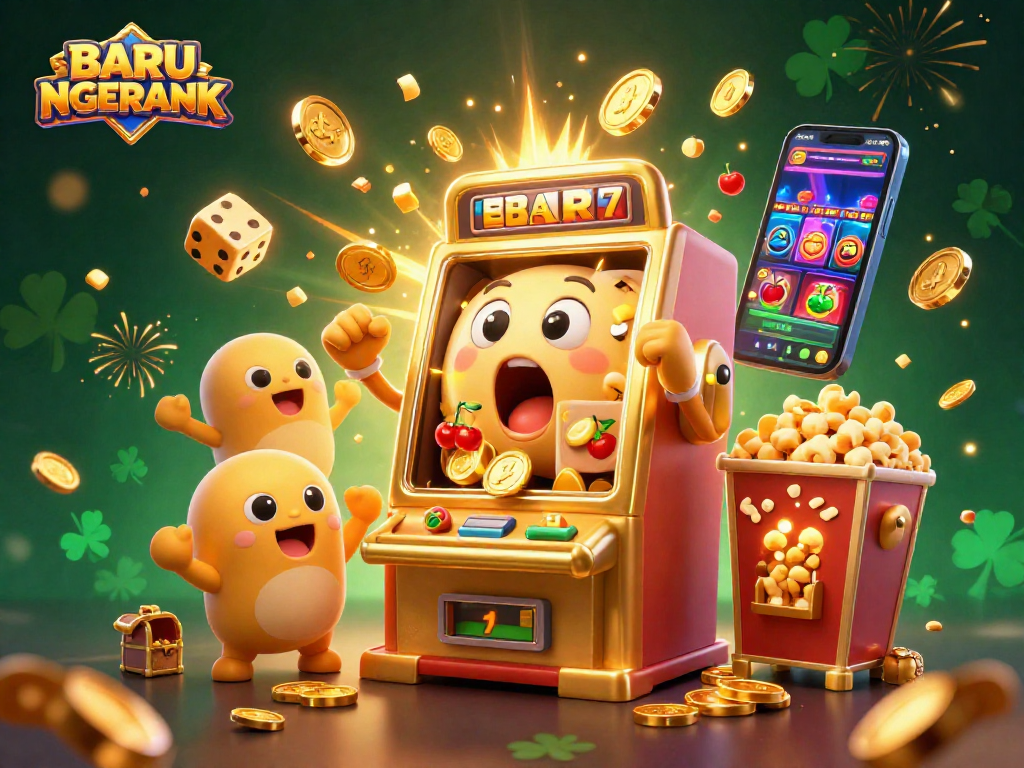 Experience the excitement of BARU NGERANK with dynamic slot machines, confetti, and winning symbols.